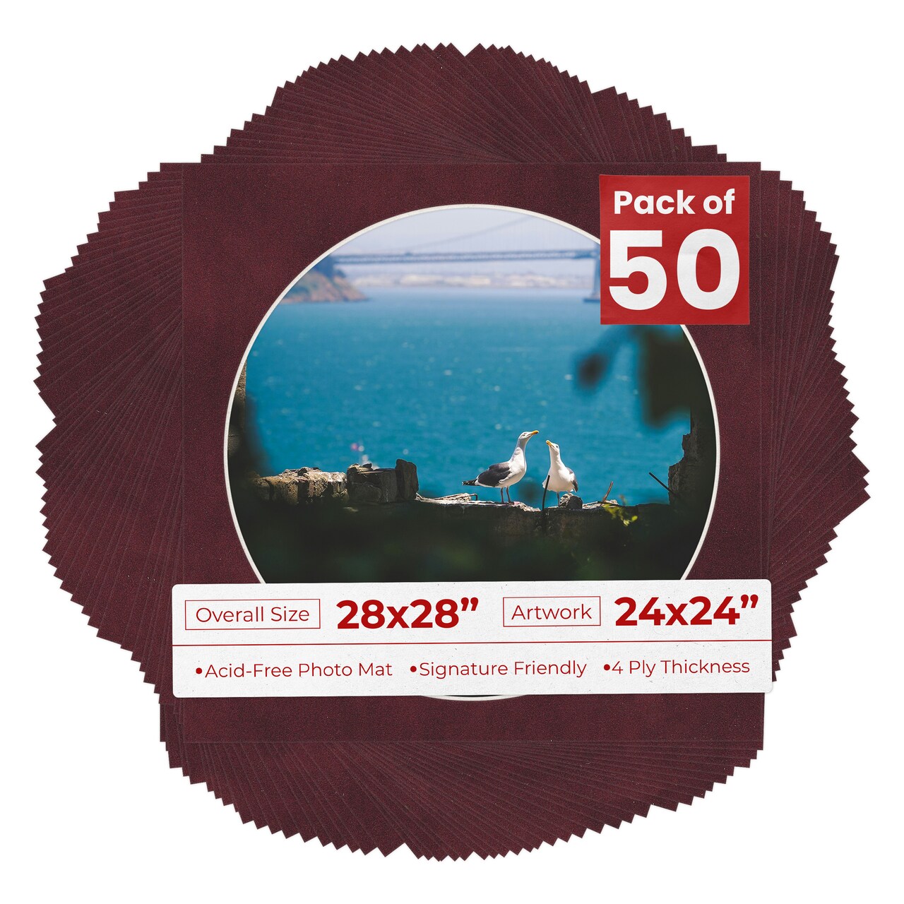 Dark Red Suede Mat Board for 28x28 Frames - Circle Opening for 24x24 Photos